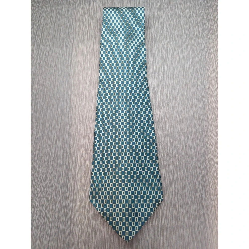 Polo Ralph Lauren Mens Silk Tie Teal Geometric Made by Hand Classic Necktie